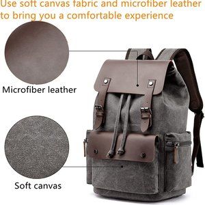 Vintage Leather Backpack for Men & Women, Denim Canvas Laptop Rucksack